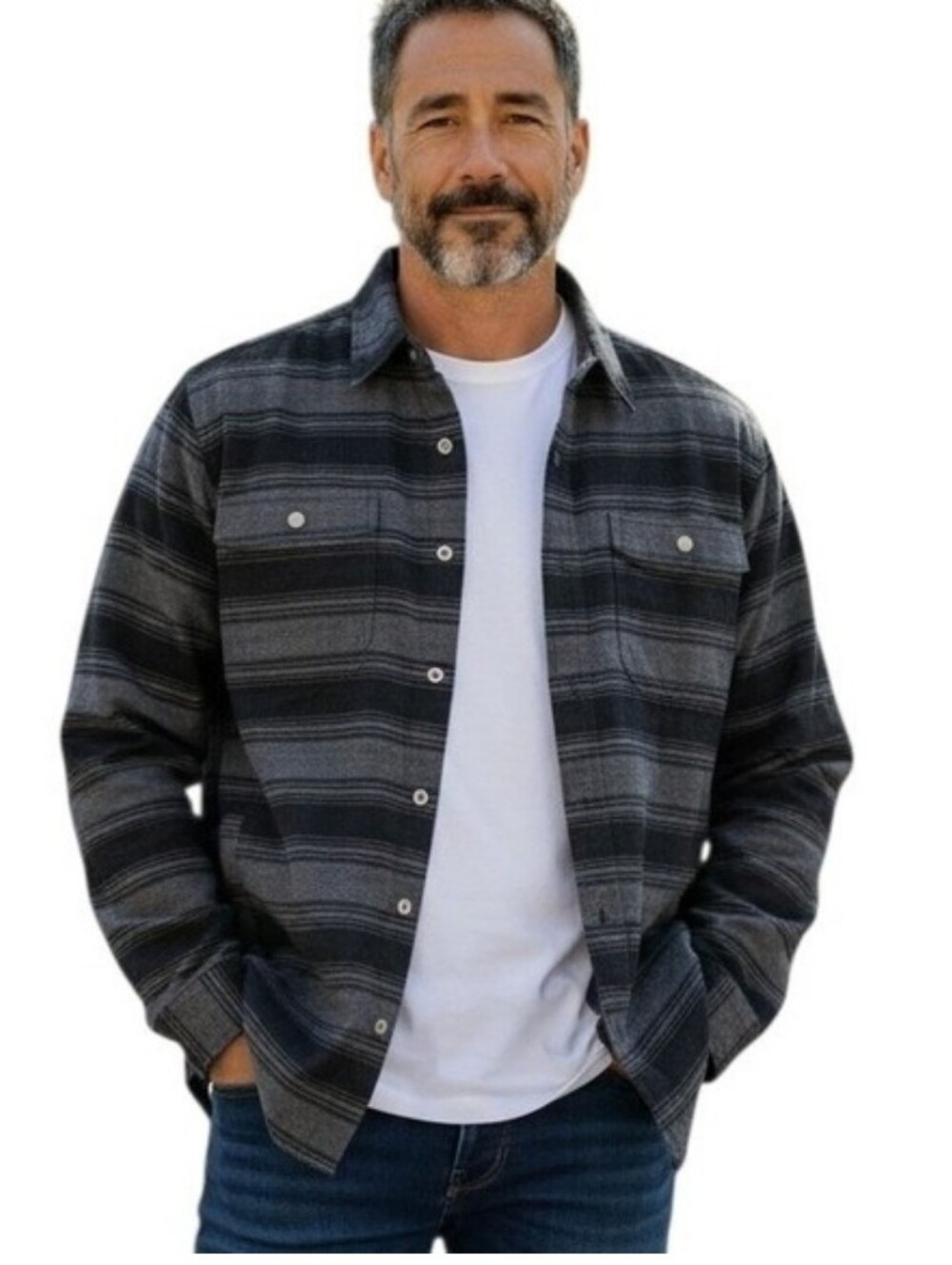 Duluth Trading Co Mens Gray Striped Shirt Jacket Flannel Cotton Workwear Sz. M